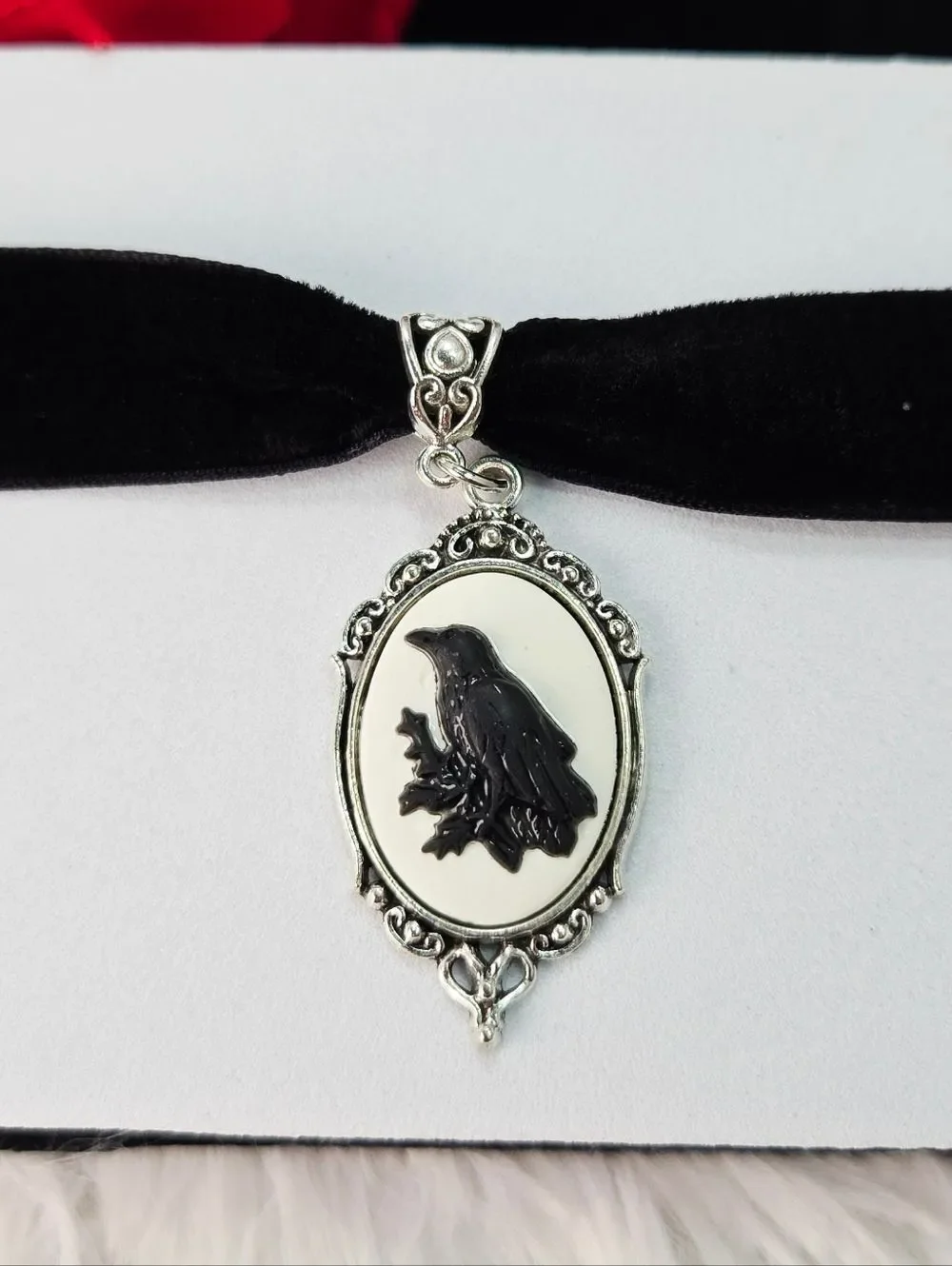 Dark Romance Raven Cameo Choker Black Velvet Gothic Glam Elegance Crow Necklace